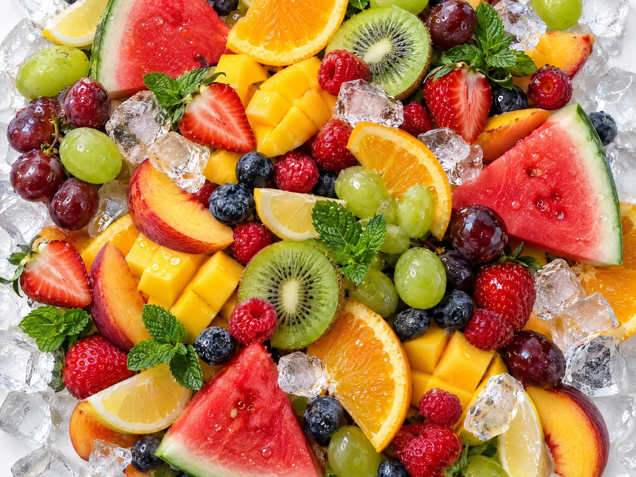 A pile of fresh fruit covered in ice cubes